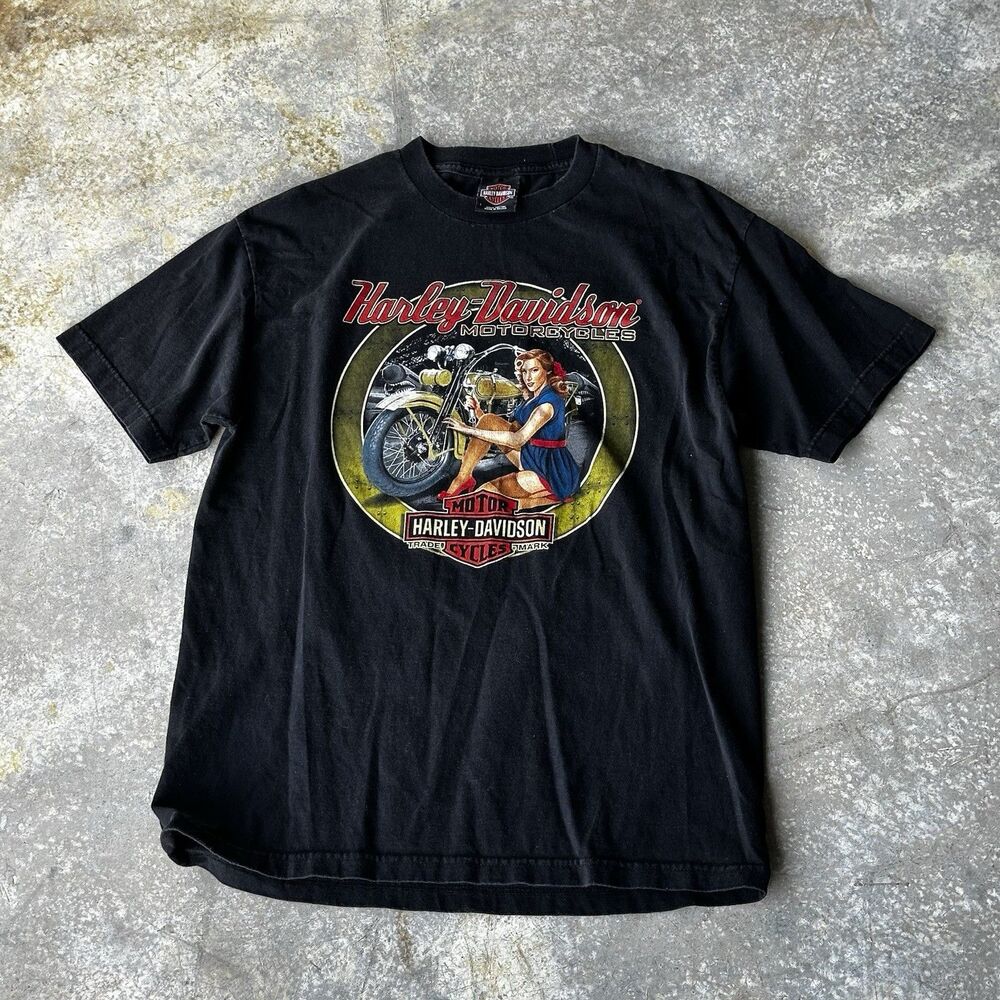 Harley Davidson T Shirt Men’s Large Black Graphic Biker Pin Up Staunton VA